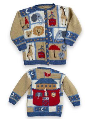 Vintage 80s/90s Handmade Cardigan Sweater Noah's Ark Elephant Lion Giraffe